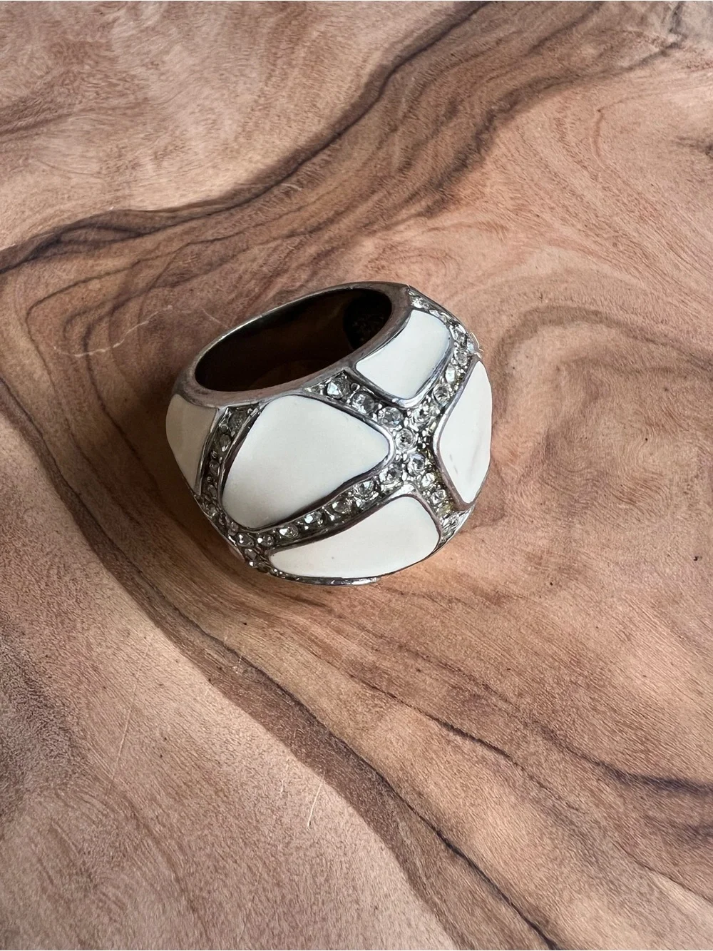White Enamel Dome Ring with Crystal Accents